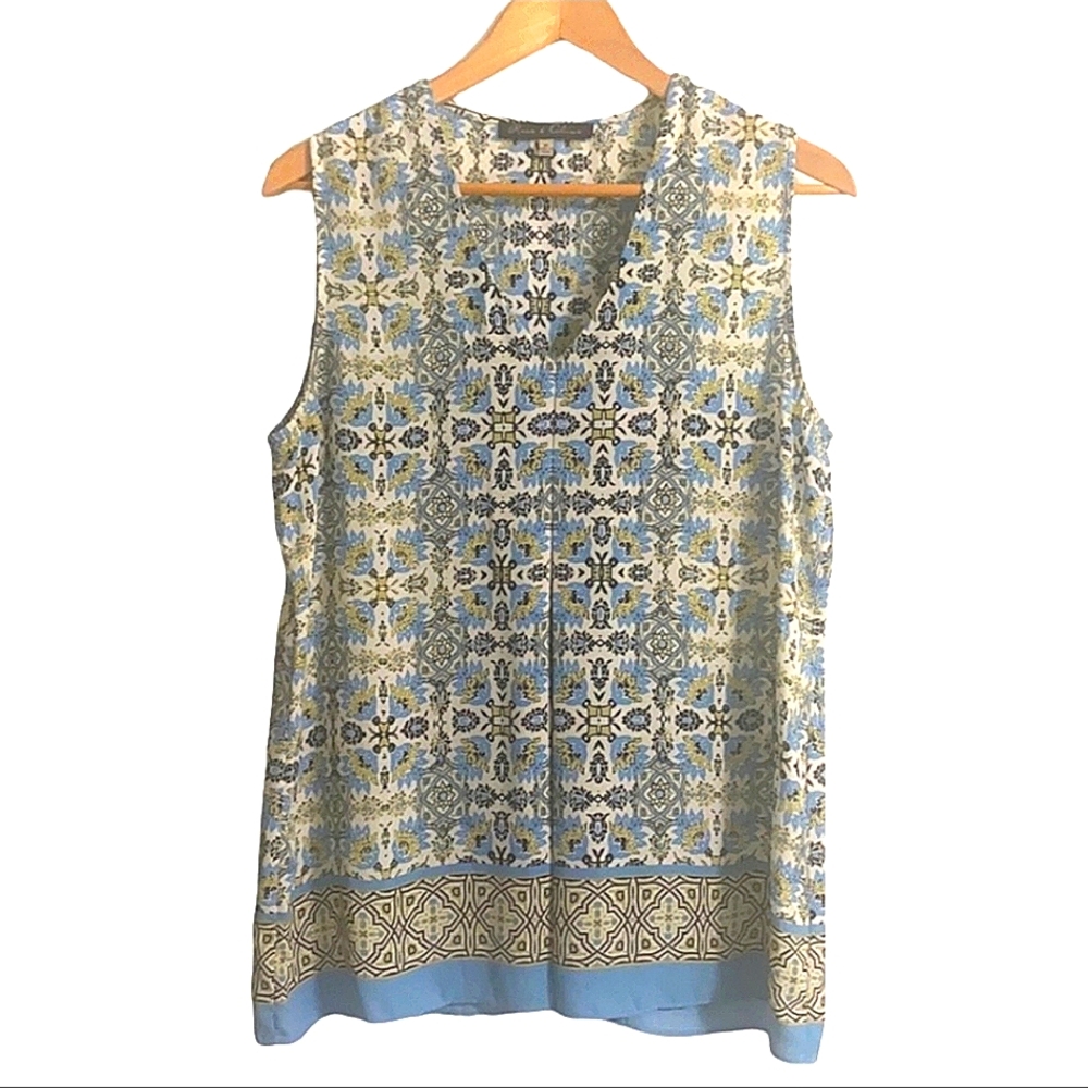 Rose & Olive Blue  Green White Kaleidoscope Pattern Sleeveless Top Women Size M